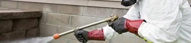 Pest control technician applying exterior insect treatment along a home foundation in Honolulu, HI